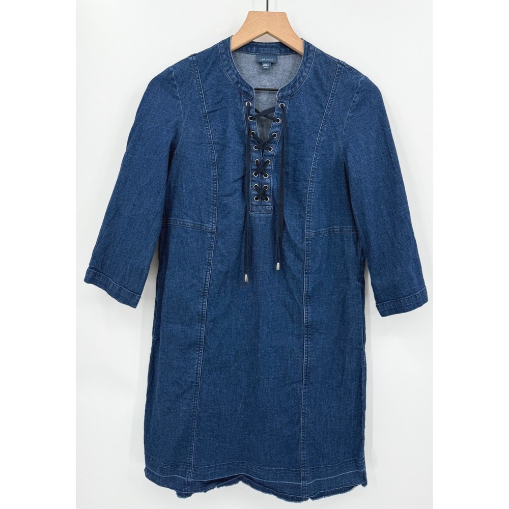 J‎ Jill Denim Dress Womens Small Petite Blue 3/4 Sleeve Summer Western Lace Up